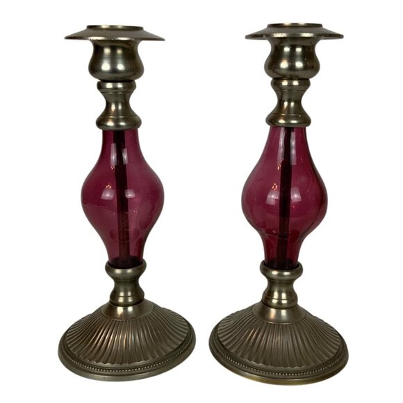 Vintage Yankee Candle Nickel & Cranberry Glass Candle Holders Set Of 2 India - Picture 1 of 6